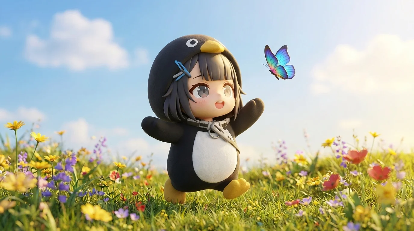 AI-generated gugugaga penguin chasing butterflies